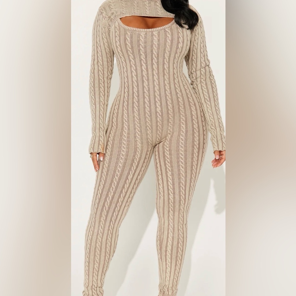 Fashion Nova Cable Knit Cream Jumpsuit